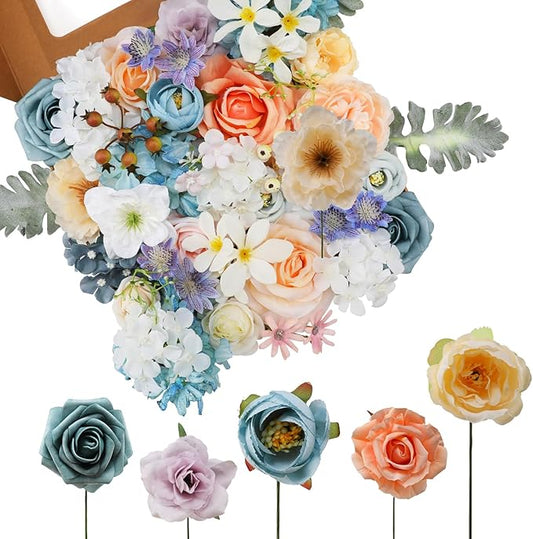 Artificial Flowers Combo for DIY Wedding Bouquets Combo Centerpieces Arrangements Party Bridal Baby Shower Home Decorations-Blue&White