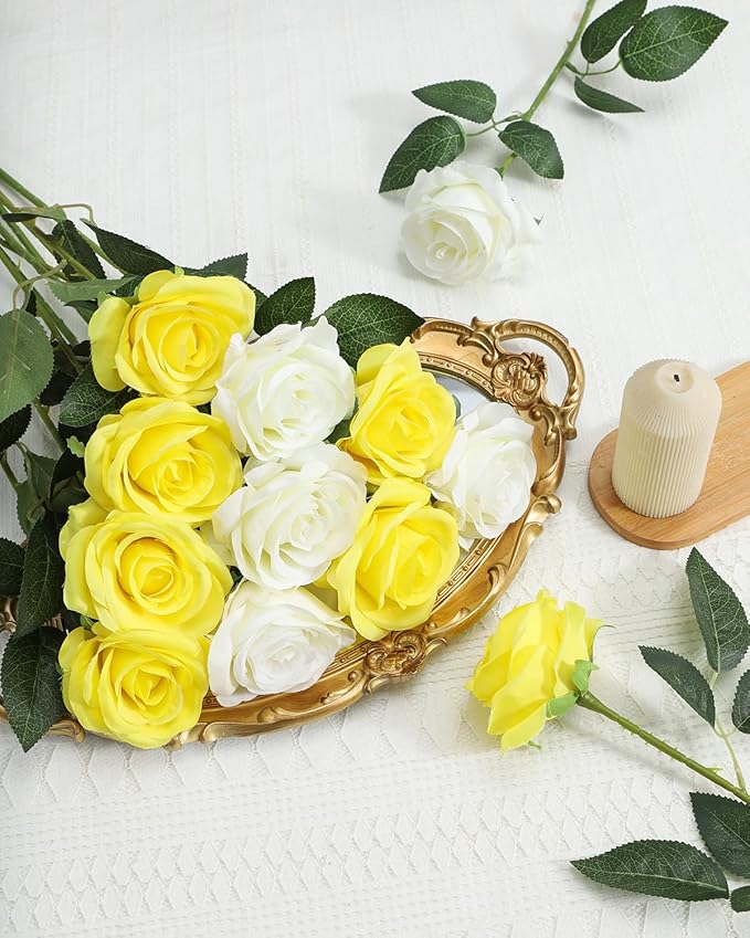 DuHouse 10pcs Silk Roses Artificial Flowers Fake Rose for Arrangement Wedding Party Home Decoration(Lemon)