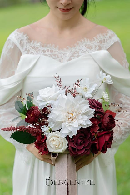 10 Inch Burgundy&White Bridal Bouquet,Bride Bouquets for Wedding Ceremony Anniversary, Party and French Rustic Vintage Wedding,Gothic Wedding,Artificial Flowers
