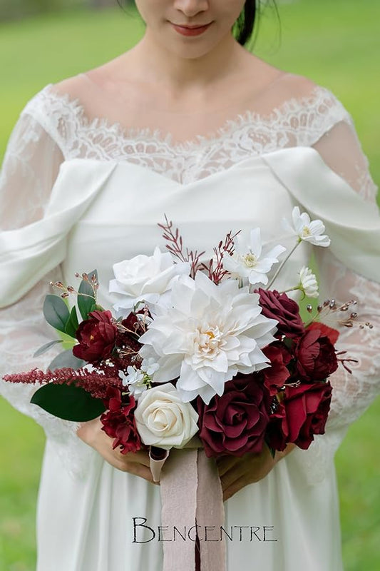 10 Inch Burgundy&White Bridal Bouquet,Bride Bouquets for Wedding Ceremony Anniversary, Party and French Rustic Vintage Wedding,Gothic Wedding,Artificial Flowers