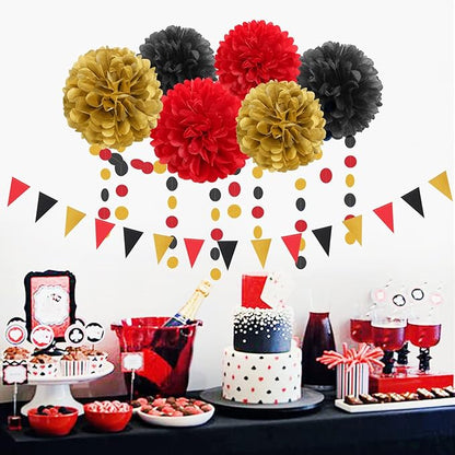 Red-Black Gold Casino-Theme Graduation Party-Decorations - 23pcs Kits Game Night Streamer Tissue Paper Pom Poms,Tassel Garland Banner,Birthday Wedding Baby Bridal Shower Decor Lasting Surprise