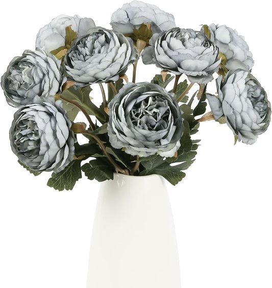 IPOPU 10pcs Dusty Blue Peonies Artificial Flowers Gradient Blue Silk Peonies with Stems Real Touch Fake Peony for Wedding Decoration Bride Bouquet Faux Flowers Floral Arrangement