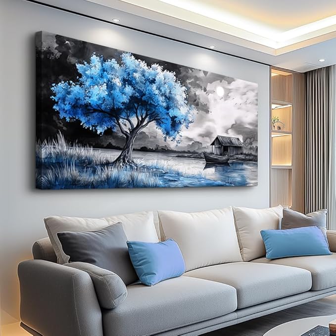 PHAOHUAXM Wall Art For Living Room Large Wall Decor For Bedroom Black White And Blue Trees Wall Pictures Artwork Restaurant Office Frame Printing Canvas Artwork Modern Home Decor Aesthetic 24x48 in