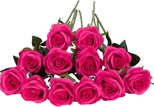Laelfe 12 PCS Artificial Flowers Hot Pink Roses Silk Flowers Fake Long Stem Artificial Fuchsia Roses for Home Wedding Bathroom Kitchen Decorations (Hot Pink)