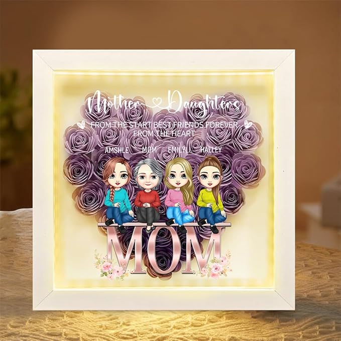 Personalized Mom Flower Shadow Box with LED Light Custom Heart Shaped Rose Flower Shadow Box Frame From The Start Best Friends Forever From The Heart Mother's Day Portrait Shadowbox Memory Gifts
