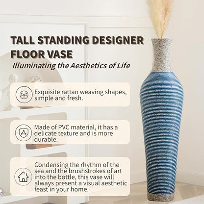 39-Inch Tall Vintage Floor Vase - Premium PVC Rattan Weave, Large Blue and White Striped Standing Vase, Flower Holder for Home Decor (Blue)