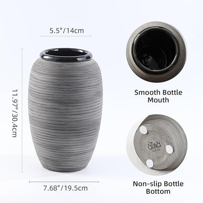ALMA 12'' Wide Mouth Vase Home Decor, Black Boho Tall Pampas Grass Vase for Table Centerpieces, Grey Rustic Decorative Vase for Living Room, Farmhouse, Entryway, Mantel, Bookshelf
