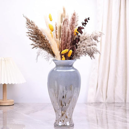 11.8" Tall Blown Blue Glass Vase, Colorful Opaque Glass Vase, Unique Design Wide Mouth Art Decoration for Home, Living Room, Dining Table, Pampas Grass Decor (Blue White)