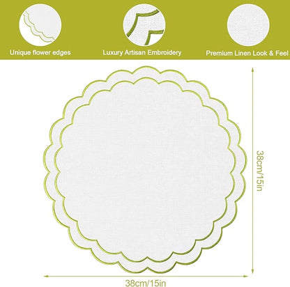 Set of 8 Cotton Linen Placemats, 15x15 Scalloped Flower Embroidery Cloth Table Mats Double Layered Fabric Machine Washable Wrinkle Free Dining Placemat for Restaurant Kitchen Decor, White with Green