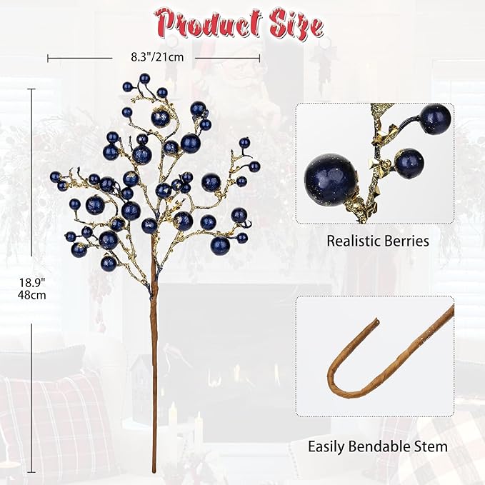 Hollyone 4 Pack Artificial Christmas Glitter Berries Stems, 19 Inch Fake Blue Holly Berry Picks with Ice Snow for Christmas Tree Wreath Floral Arrangements Holiday Home Vase DIY Crafts Decor