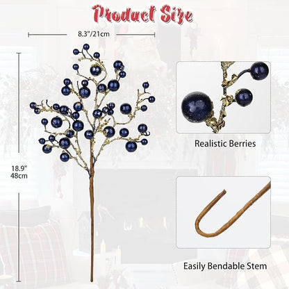 Hollyone 4 Pack Artificial Christmas Glitter Berries Stems, 19 Inch Fake Blue Holly Berry Picks with Ice Snow for Christmas Tree Wreath Floral Arrangements Holiday Home Vase DIY Crafts Decor