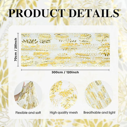 Artoid Mode Beige Gold Dahlia Flower Gauze Table Runner 120 Inch 10FT, Glitter Metallic Foil Seasonal Sheer Dining Holiday Table Decor for Home Party