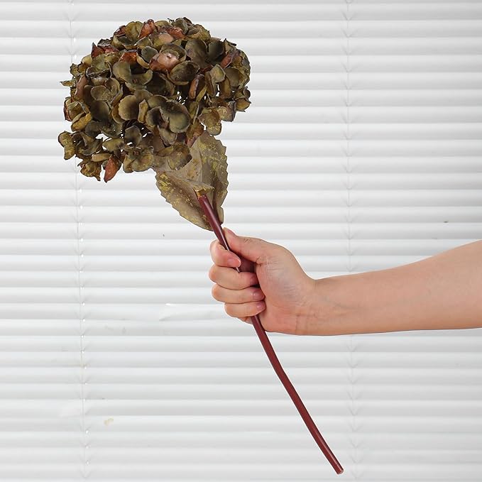 Fall Artificial Dried Hydrangea Flowers, Vintage Green Dried Look, Fall Faux Flowers, Single Stem (Autumn Green, 4pcs)