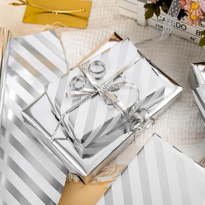 Merture Reversible Silver Wrapping Paper Roll - 17 In X 32.8 Ft(46.5 sq.ft.) Metallic Silver and Stripe Design Gift Wrap for Christmas, Wedding, Birthday, Valentines Day, Mothers Day, Baby Shower