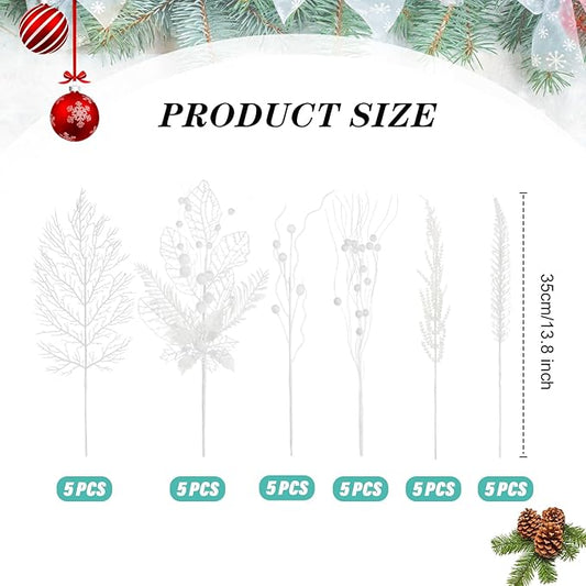 30 Pcs Artificial Christmas Tree Picks and Sprays Glitter Berry Stem Branches Holly Floral Picks Twigs Christmas Tree Ornaments for DIY Xmas Wreath Vase Filler Decorations(White)