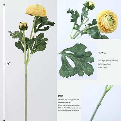 Yellow Ranunculus Artificial Flowerswith Real Touch Stem, Fake Ranunculus Flowers (Yellow, 6pcs)