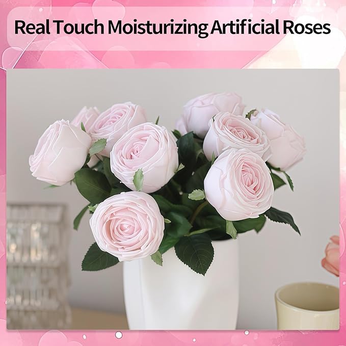 5Pcs Light Pink Real Touch Artificial Silk Flowers with Stems - Lifelike Latex Austin Rose Peony for Wedding Bouquets, Home Decor, DIY Floral Arrangements