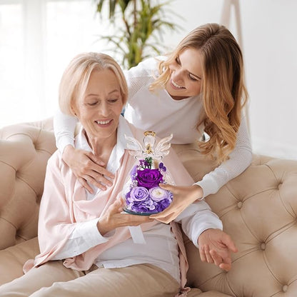 Gifts for Women, Christmas Decorations Flowers for Delivery Fresh Bouquet Forever Preserved Flowers Real Rose Angel Figurine Glass, Xmas Decor Gifts for Mom Grandma Wife Sister, Purple
