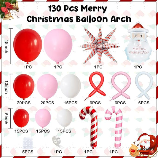 130 Pcs Christmas Balloon Arch Kit, Red Pink White Latex Balloons Garland with Santa Candy Cane Star Foil Mylar Balloon for Xmas Christmas New Year Winter Holiday Baby Shower Birthday Party Decoration