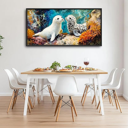 Extra Large Seal Framed Wall Art for Living Room,Oversized Underwater Animal Pictures Wall Decor,Ocean Coral Reef Canvas Print Painting Modern Artwork Bedroom Office Bathroom 60L x 30W