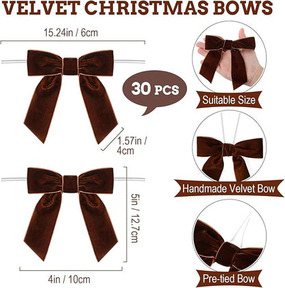 30 Pcs Velvet Ribbon Bows 5" x 4" Pre Tied Christmas Velvet Bows with Twist Tie for Gift Packaging Christmas Tree Wreaths Door Windows Wedding Party Decoration(Brown)