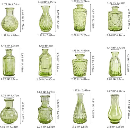 Green Small Bud Vases in Bulk 12, Vintage Embossed Flower Vases for Centerpieces, Boho Glass Vase for Flowers, Decorative Mini Vase for Wedding Decoration Party Baby Shower Home Dining Table