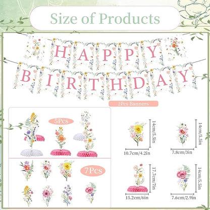 Flower Birthday Decorations for Girls Women, 14PCS Wildflower Floral Happy Birthday Banners Hanging Swirls and Honeycomb Centerpieces Decor Supplies