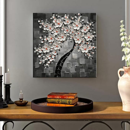 YaSheng Art- 3D White Flowers Oil Paintings on Canvas Thick Texture Black and White Canvas Wall Art HandPainted Abstract Artwork Home Decorations Modern bedroom Dining Room Wall Art Ready to Hang 24x24inch