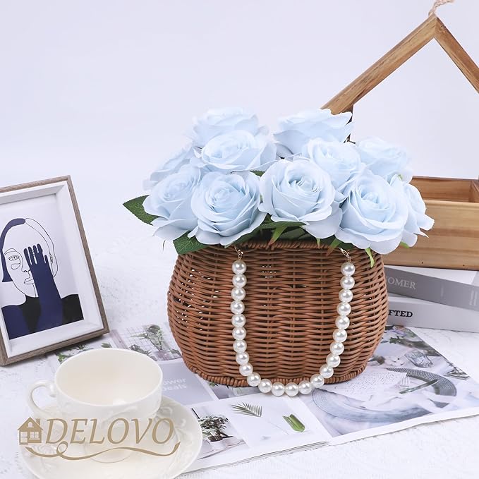 52pcs Light Blue Roses Artificial Flowers Fake Flowers Silk Roses with Stems for DIY Wedding Bouquets Bridal Shower Centerpieces Arrangements Party Decorations