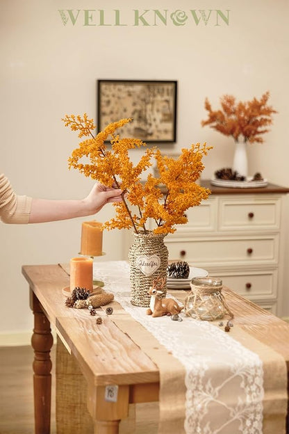 WELL KNOWN 4 Pcs Glitter Artificial Cedar Spray 19.5" Orange Floral Picks Faux Cedar Pine Branches Stems, Orange Floral Arrangements for Home Vase Wedding Wreath Xmas Tree Holiday Decoration Gift