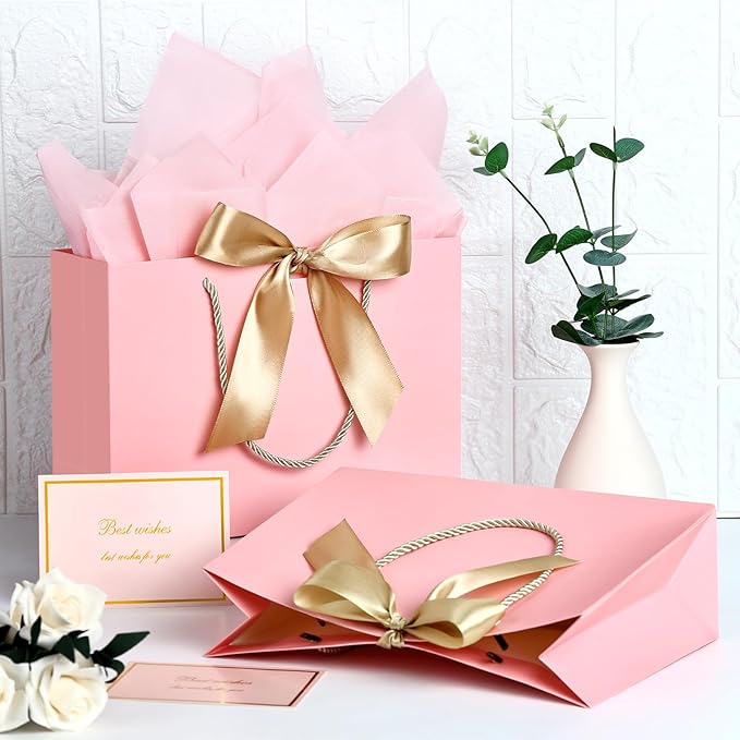 JMANNI Medium Size Gift Bags - 2Pcs Paper Gift Bag with Handles, 4 Tissue Paper & 2 Greeting Cards for Women, Girls, Bridesmaid, Birthday, Valentines, Wedding, Party (Pink)