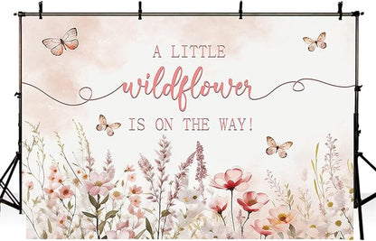 MEHOFOND 10x7ft Baby Shower Backdrop Pink Watercolor A Little Wildflower is On The Way Baby Shower Party Decorations Butterfly Theme Girl Banner Photography Background Props