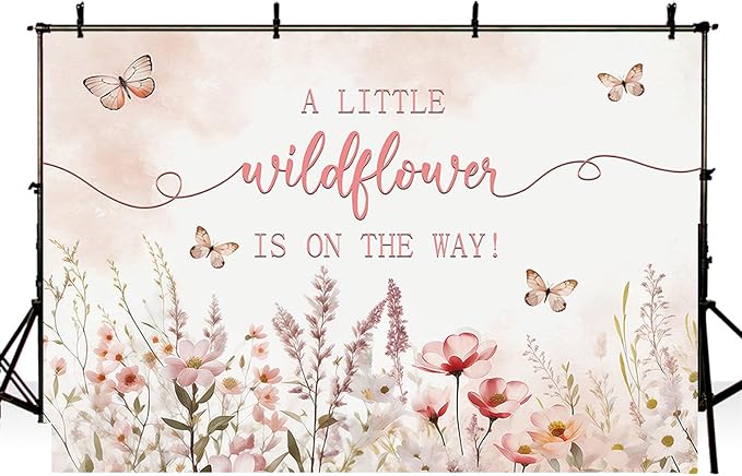 MEHOFOND 8x6ft Baby Shower Backdrop Pink Watercolor A Little Wildflower is On The Way Baby Shower Party Decorations Butterfly Theme Girl Banner Photography Background Props