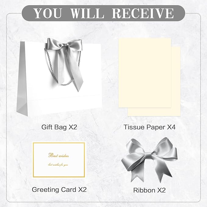 JMANNI Gift Bags, 2Pcs Paper Gift Bag with 4 Tissue Papers and 2 Cards, Present Bags with Handles for Women Girls Bridesmaid Birthday Valentines Wedding Party, White