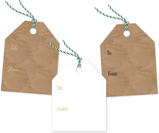 Pro Supply Global 24 Count of 2.5 Inch x 3 Inch Pre Strung Christmas Fir Trees Gift Tag Assorted Printed Designs on Large Cardstock Gift Hang Tags - Ideal to Use on Bags