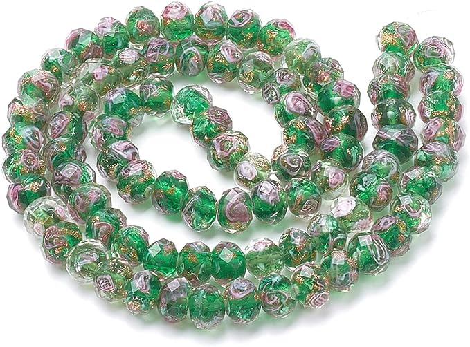 PH PandaHall 70pcs 6~8mm Green Flower Lampwork Glass Beads Rose Glass Beads Gold Sand Lampwork Bead 2mm Hole Handmade Round Loose Bead for Rosary Jewelry Craft Making
