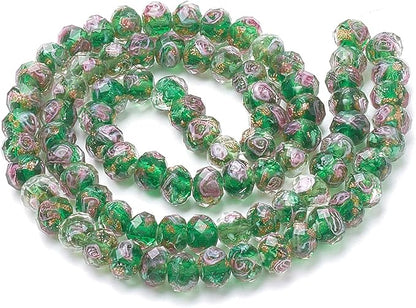PH PandaHall 70pcs 6~8mm Green Flower Lampwork Glass Beads Rose Glass Beads Gold Sand Lampwork Bead 2mm Hole Handmade Round Loose Bead for Rosary Jewelry Craft Making