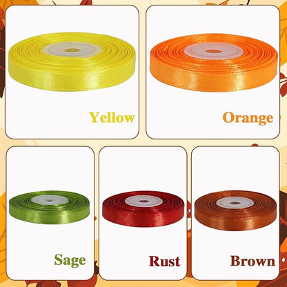 TONIFUL 5 Rolls Thanksgiving Satin Ribbon - 3/8 Inch x 25 Yards Fall Ribbon for DIY Crafts, Gift Wrapping, Table Decor,Wreaths Decor, Autumn Party & Home Decoration (Brown, Orange, Rust, Moss, Yellow)