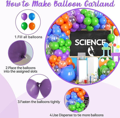 Science Balloon Arch Kit, 122Pcs Purple Dark Blue Green Orange Transparent Colorful Balloons for Boys Science Birthday Party Lab Scientist Lab Classroom Decorations