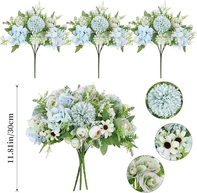 Nubry 3pcs Artificial Flowers Bouquet Fake Peony Silk Hydrangea Faux Roses Wildflowers Arrangements with Stems for Wedding Home Centerpieces DIY Decor (Light Green)