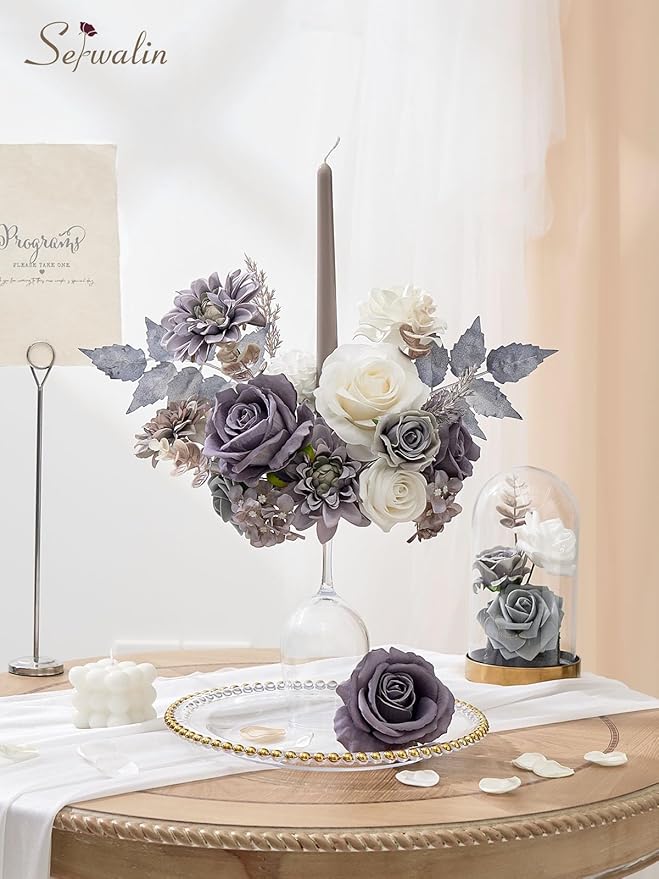 Serwalin Grey Artificial Flowers, Silk Fake Flowers for DIY Wedding Bridal Bouquets, Wedding Cake Flowers for Table Centerpieces Baby Shower Birthday Party Home Decorations