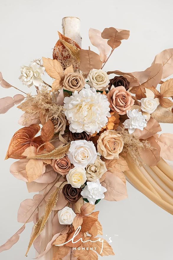 Ling's moment Boho Wedding Arch Flowers Kit Pack of 4, 2pcs Hanging Artificial Floral Arrangement 2pcs Chiffon Drapes Ceremony Fake Silk Rose Arbor Rustic Farmhouse Party Decor, Fall Orange Swags