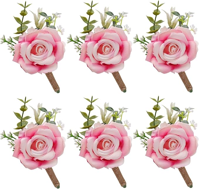 Pink Rose Boutonniere for Men Wedding Set of 6 Groom Groomsmen Best Man Artificial Flowers Boutonniere for Wedding Ceremony Anniversary Prom Flowers Formal Dinner Party (6, Gradient pink, Middle)