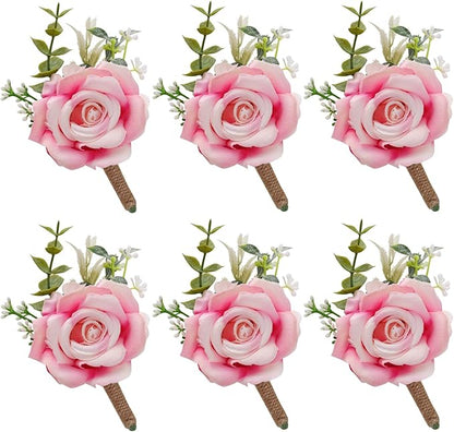Pink Rose Boutonniere for Men Wedding Set of 6 Groom Groomsmen Best Man Artificial Flowers Boutonniere for Wedding Ceremony Anniversary Prom Flowers Formal Dinner Party (6, Gradient pink, Middle)