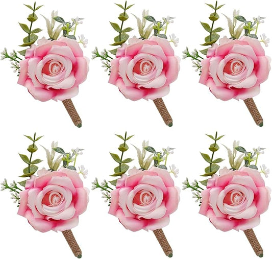 Pink Rose Boutonniere for Men Wedding Set of 6 Groom Groomsmen Best Man Artificial Flowers Boutonniere for Wedding Ceremony Anniversary Prom Flowers Formal Dinner Party (6, Gradient pink, Middle)