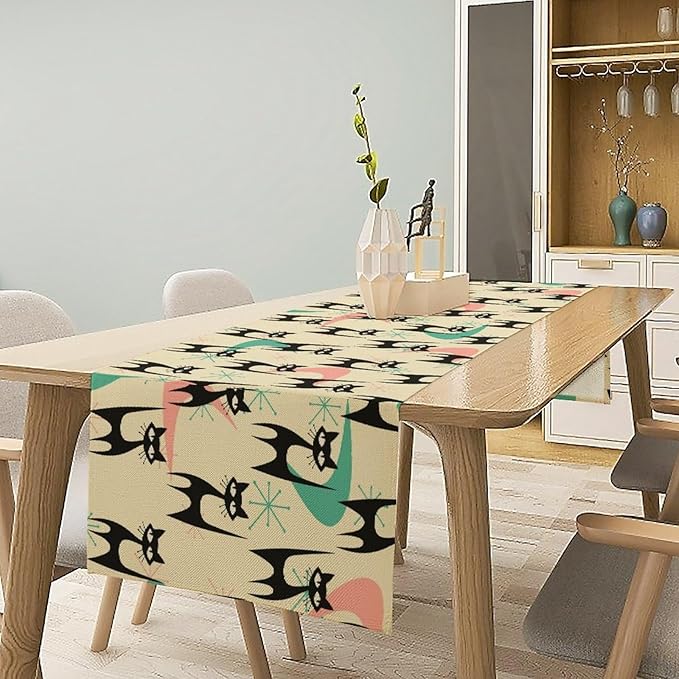 Mid Century Table Runner,Cat Geometric Stripe Colorful Abstract Pattern Print Tablecloth Burlap for Hotel Indoors Outdoor Dining Room Kitchen Holiday Party, 13x80in