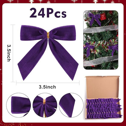 24 Pcs Purple Small Velvet Christmas Bows for Christmas Tree, Wreath, Gift Wrapping, Crafts, Wedding, Party, Twist Tie Bows for Treat Bag Bakery Candy Bags, Home Decor 1" W,3.5 x 3.5 inch
