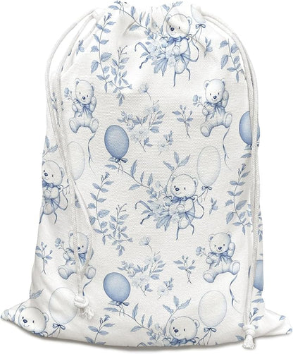 DSHFG Light Blue Bear Birthday Drawstring Gift Wrap Bags, Chinoiserie Animals Baby Shower Drawstring Gift Bags Canvas, Cute Bear Blue and White Small Happy Birthday Bag, 10x13 Inch