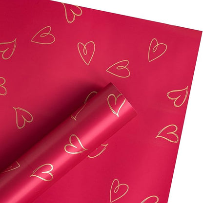 LeZakaa 20 Sheets Valentine Flower Wrapping Paper, Red with Gold Heart Pattern Waterproof Floral Bouquet Paper, for Christmas, Valentines, Mothers Day, Party, Romantic Birthday, Wedding, Anniversary