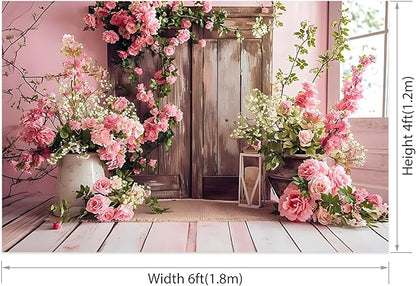 AOTOFO 6x4ft Rustic Wood Floral Backdrop for Baby Shower Newborn Studio Picture Photography Wooden Door Pink Flower Wall Background Wedding Bridal Shower Birthday Party Photoshoot Booth Banner